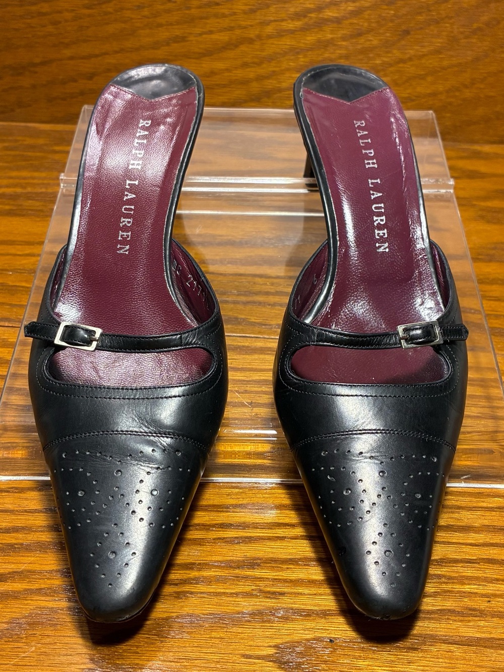 Y2K VTG Ralph Lauren ITALY MADE Perforated Toe Mary Jane Mules Black Leather 6 - Picture 2 of 16